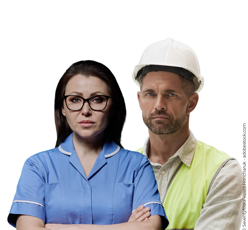 Ein Mann aus der Industrie und eine Frau aus dem Pflegebereich, beide mittleren Alters