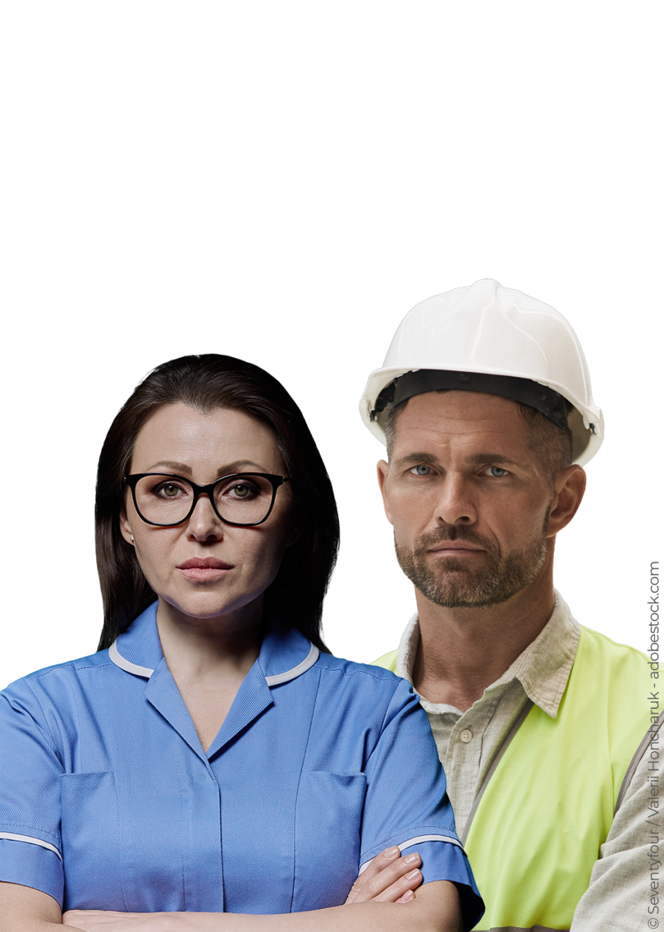 Ein Mann aus der Industrie und eine Frau aus dem Pflegebereich, beide mittleren Alters